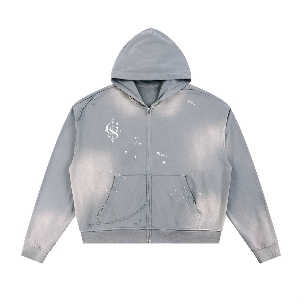 Sun Fade Frayed Raw Edge Fleece Zip Hoodie