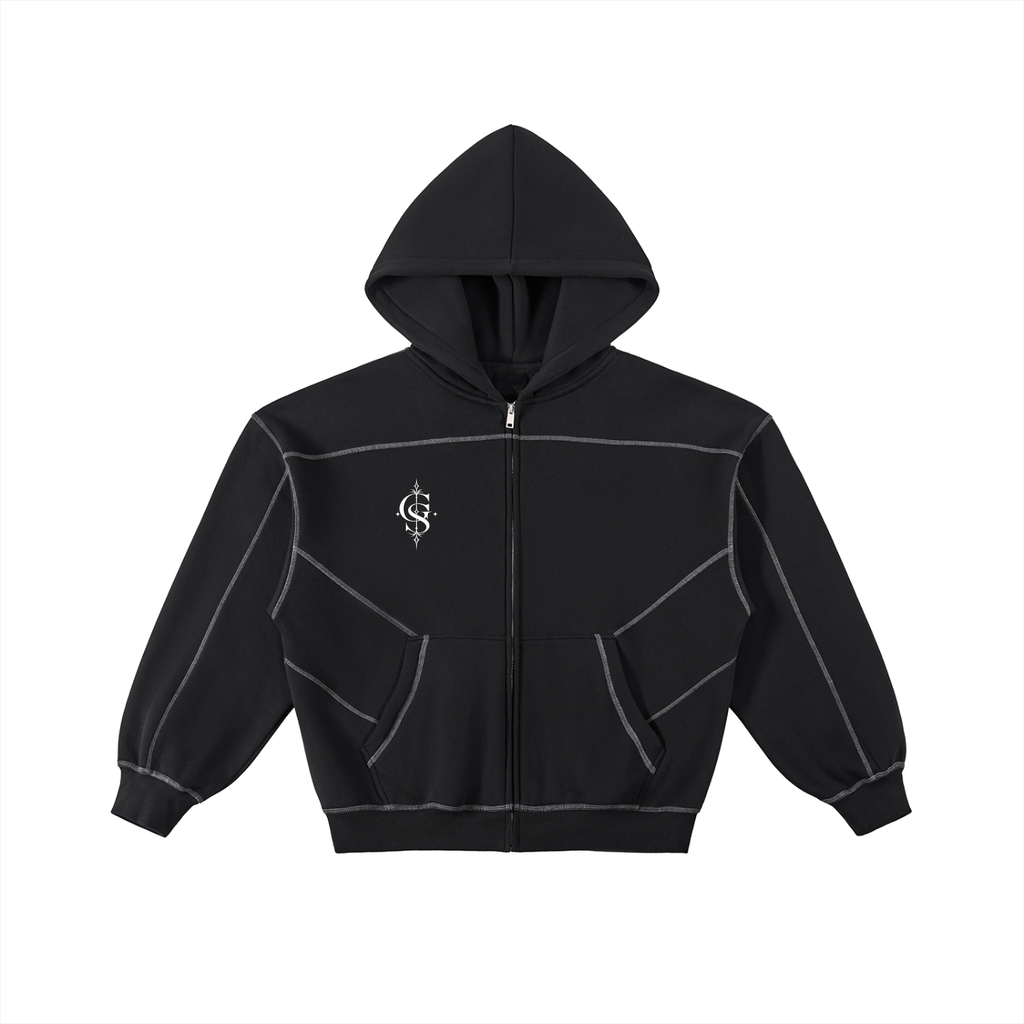 Contrast-Stitched Boxy Fleece Zip Hoodie