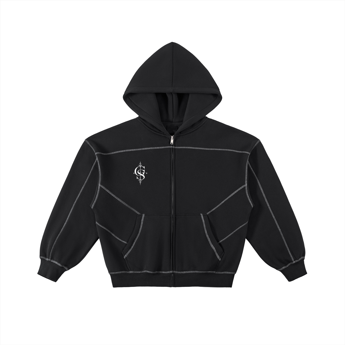 Contrast-Stitched Boxy Fleece Zip Hoodie